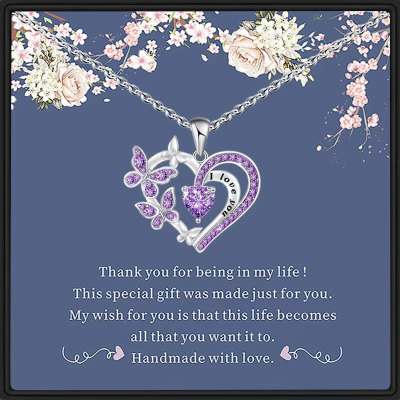 Fashion Jewelry Necklace for Butterfly Design Heart Shaped White/Purple Crystal Silver Plated Pendant Necklaces for Women